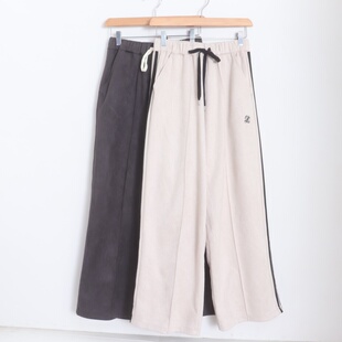 女通勤休闲麂皮绒阔腿裤 D19033日单新款 松紧高腰抽绳宽松显瘦长裤