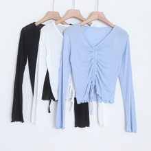 D09098日单新款客供料V领抽绳系带修身显瘦女气质短款长袖针织衫