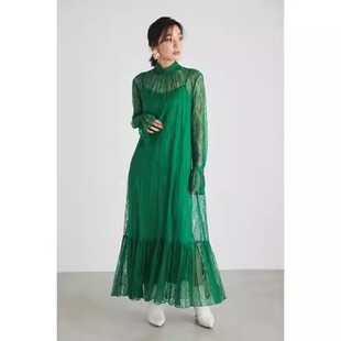 D180110日单贵牌客供料套头女气质镂空透视喇叭袖蕾丝长款连衣裙