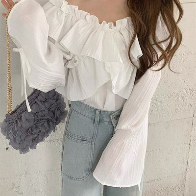 P09071日单新款荷叶边松紧两穿交叉领套头女甜美喇叭袖系带衬衫
