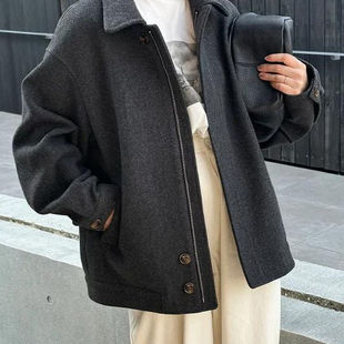 D06056日单秋冬新款 贵牌翻边领拉链宽松保暖女气质休闲呢子外套