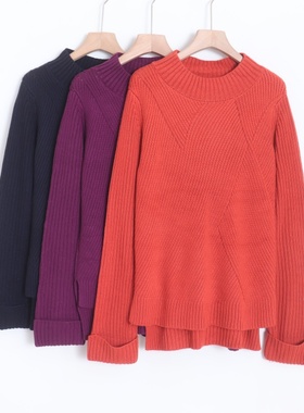 D11079新款客供料圆领套头保暖女纯色弹性含羊毛厚实翻边长袖毛衣