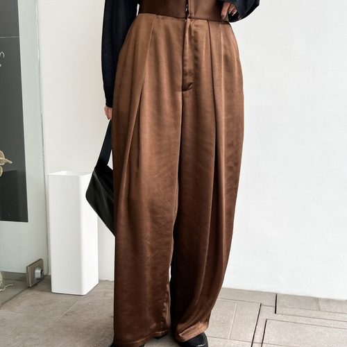 D01091日单客供料新款挂扣后松紧高腰宽松女缎面气质通勤缎阔腿裤