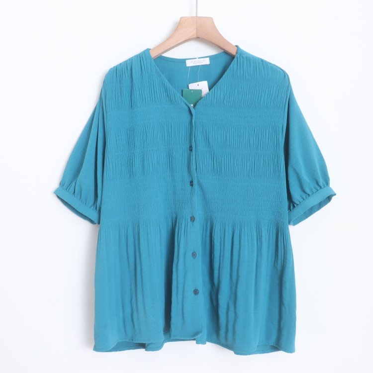 D160116日单客供料V领单排扣宽松显瘦女纯色通勤气质褶皱短袖衬衫