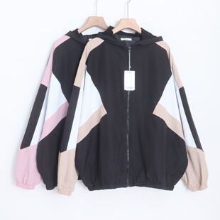 D14012日单客供料简洁拉链宽松显瘦女撞色通勤休闲连帽外套有大码
