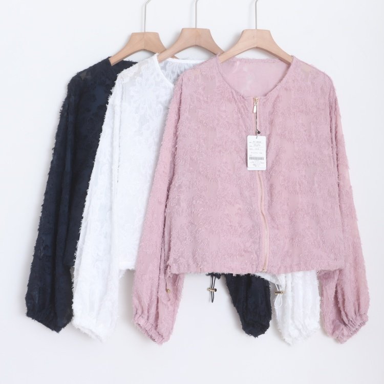 D160110日单新款客供拉链圆领宽松显瘦女纯色甜美气质睫毛花外套