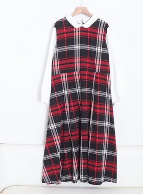 D08045日单新款客供料后纽扣娃娃领套头宽松女拼接格子连衣裙大码