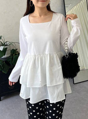 D11056日单新款客供方领套头微宽松显瘦女纯色拼接中长款珍珠T恤