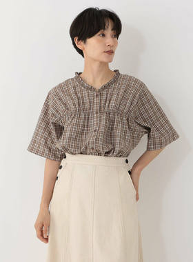 A18072日单夏季新款花边领单排扣宽松显瘦女气质通勤格子短袖衬衫
