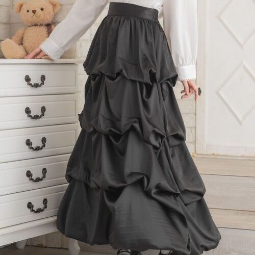 D04083日单新款松紧高腰显瘦蛋糕裙女甜美优雅褶皱层次长款半身裙