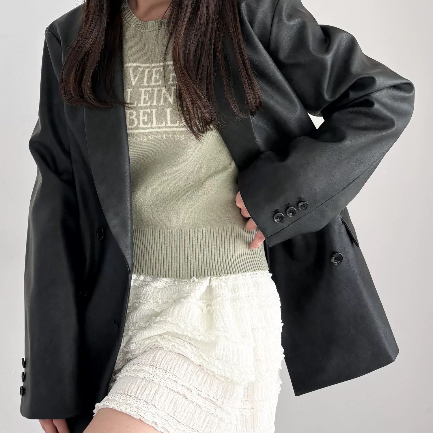 C04004日单HE秋新款客供料双排扣宽松显瘦女甜美复古PU皮西装外套
