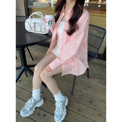 A06034日单新款GL单排扣宽松显瘦女纯色甜美日系中长款长袖衬衫