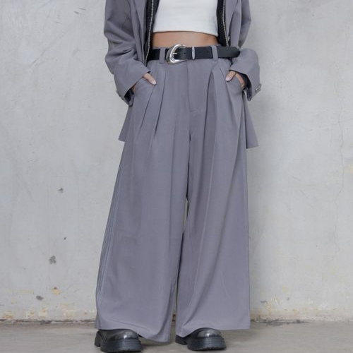 C02037日单秋季新款贵牌挂扣后松紧高腰显瘦长裤女通勤气质阔腿裤