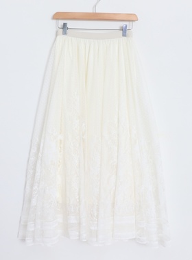 D04044日单新款松优雅紧高腰显瘦A字裙女甜美气质蕾丝长款半身裙