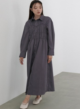 D04090日单新款客供料单排扣微宽松显瘦女气质优雅条纹长袖连衣裙