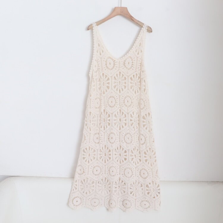 D210126日单春夏款客供V领套头宽松女甜美气质纯棉镂空钩花背心裙