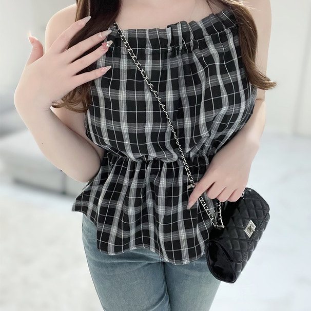 D07088日单新款GL花边系带抽绳微宽松好搭配女甜美格子吊带背心