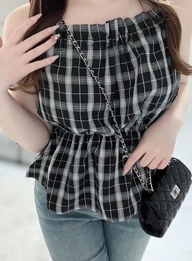 D07088日单新款GL花边系带抽绳微宽松好搭配女甜美格子吊带背心