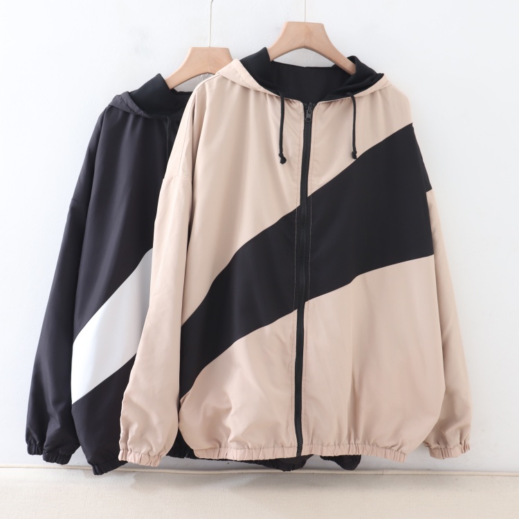 B03016日单新款拉链宽松简洁女撞色好搭配连帽两面穿通勤休闲外套
