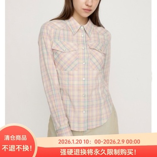 C04087日单以挂拍图为主新款单排扣微宽松女格子修身长袖纯棉衬衫