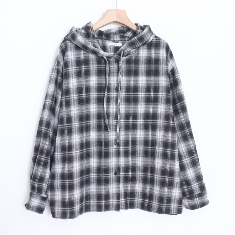 D08003日单新款通勤简洁单排扣拉链宽松女休闲格子连帽磨毛衬衫
