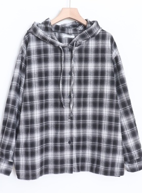 D08003日单新款通勤简洁单排扣拉链宽松女休闲格子连帽磨毛衬衫