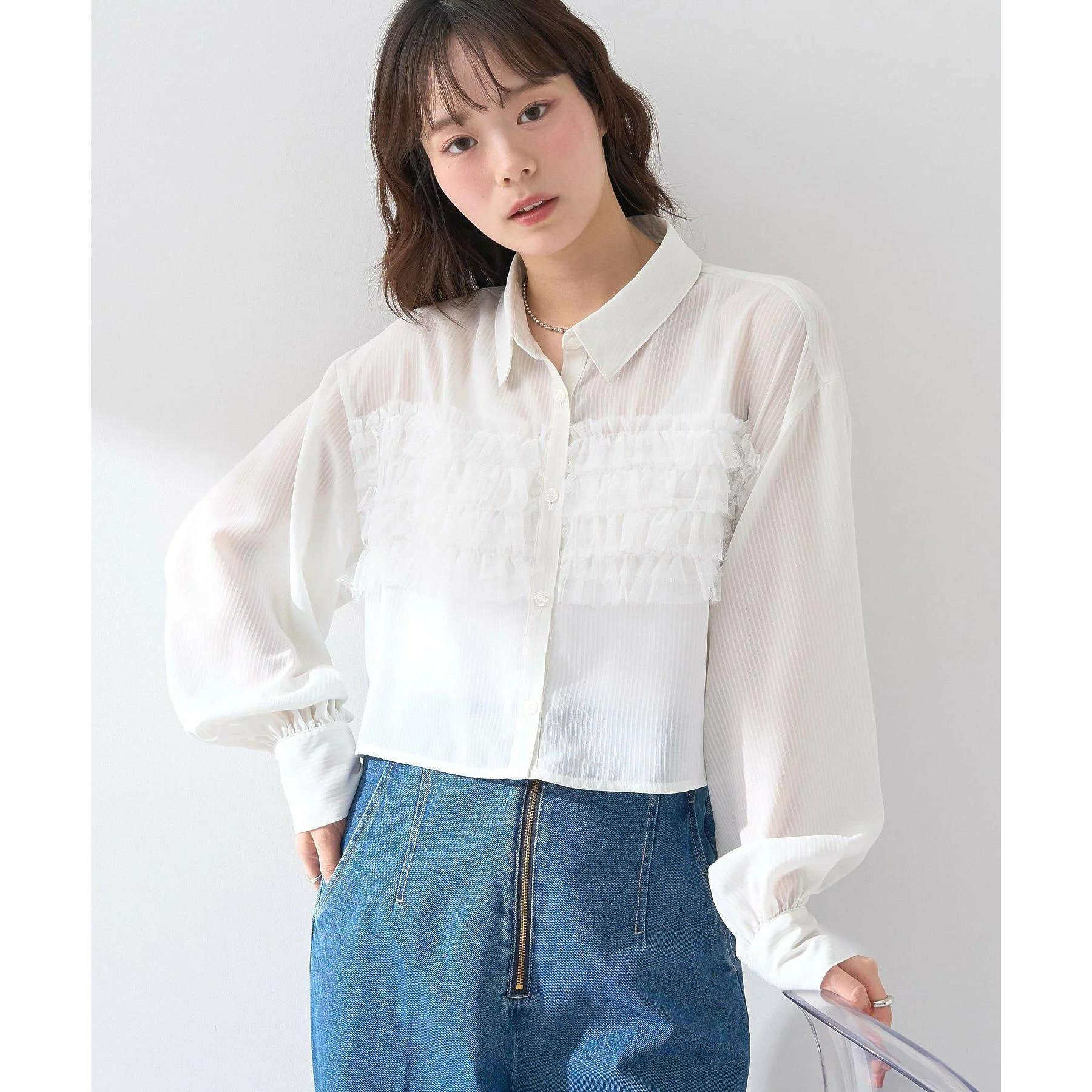 D18077日单新款单排扣宽松显瘦网纱花边女纯色气质短款长袖衬衫