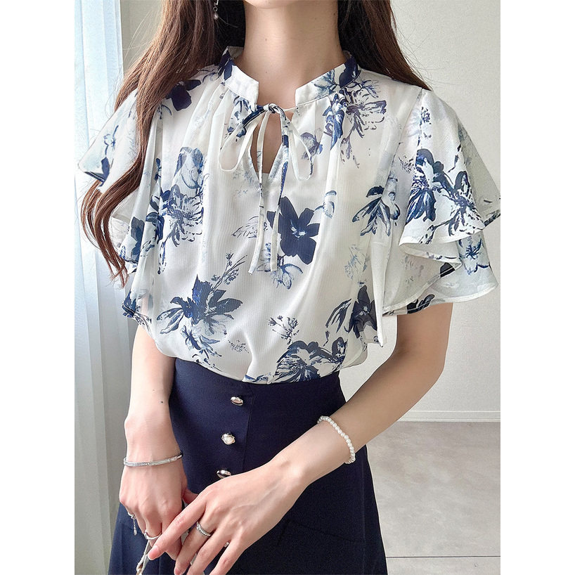 D16046日单新款系带领套头宽松显瘦女甜美日系印花荷叶短袖衬衫