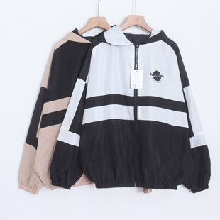 D11050日单简洁拉链宽松好搭配女撞色连帽松紧袖通勤休闲款外套