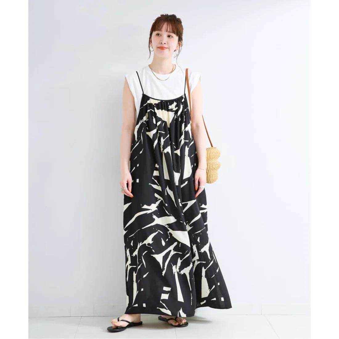 D18091日单新款8900日元客供料套头宽松女气质印花可调节吊带长裙