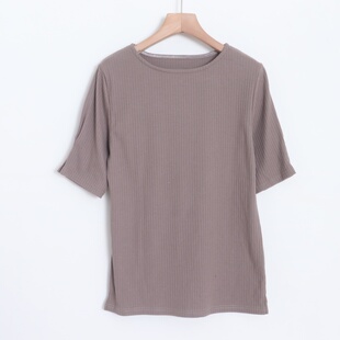 D12065日单圆领有弹性显瘦好搭配简洁女通勤气质纯色短袖针织衫