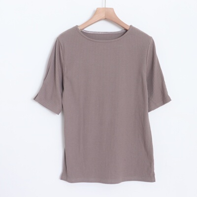 D12065日单圆领有弹性显瘦好搭配简洁女通勤气质纯色短袖针织衫