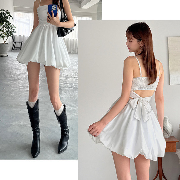 P11051日单春夏新款GL后弹力松紧系带镂空显瘦女甜美蓬蓬裙吊带裙