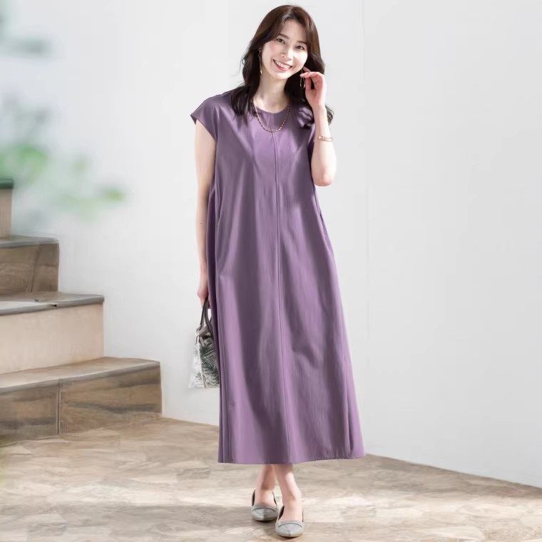 D12057日单新款客供料圆领后系带套头微宽松女通勤气质短袖连衣裙