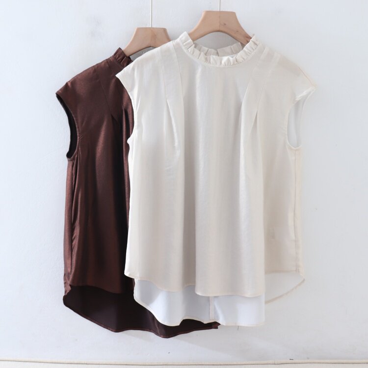 P09024日单夏新款贵牌客供料花边领套头宽松显瘦女气质纯色衬衫