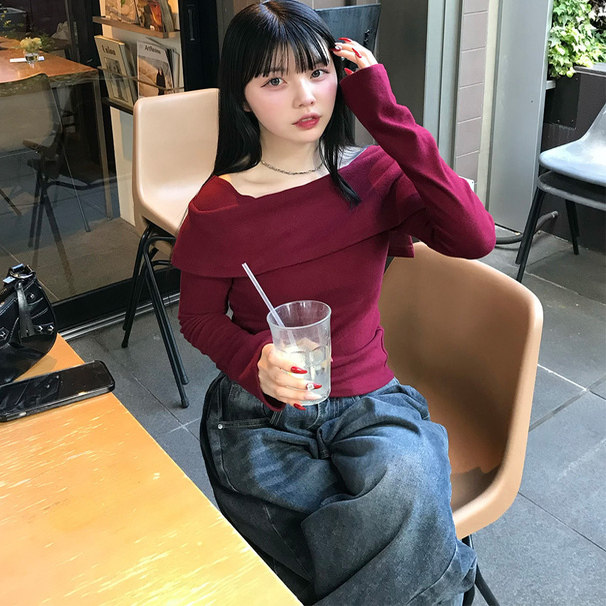 D08090日单客供料新款GL翻边一字领有弹性女甜美气质棉质长袖T恤