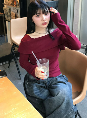 D08090日单客供料新款GL翻边一字领有弹性女甜美气质棉质长袖T恤