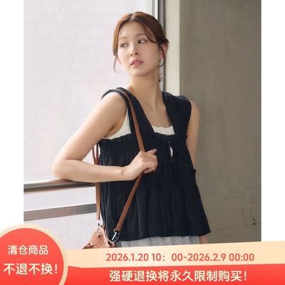 B070111日单夏新款客供料花边系带纽扣微宽松女纯棉甜美气质背心