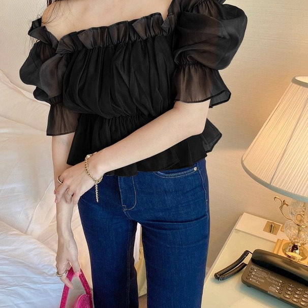 D11048日单新款客供料花边松紧一字领套头显瘦女薄款甜美短款衬衫