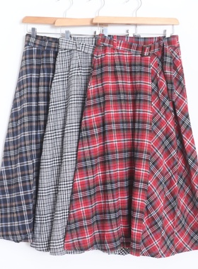 D090124日单客供料后松紧高腰显瘦A字裙女通勤气质格子长款半身裙