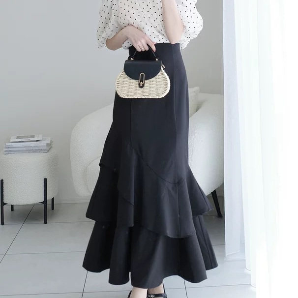 D070104日单新款GL隐形拉链松紧高腰鱼尾裙女甜美气质层次半身裙