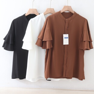 D01086日单新款客供料圆领单排隐形扣宽松垂感女气质荷叶短袖衬衫
