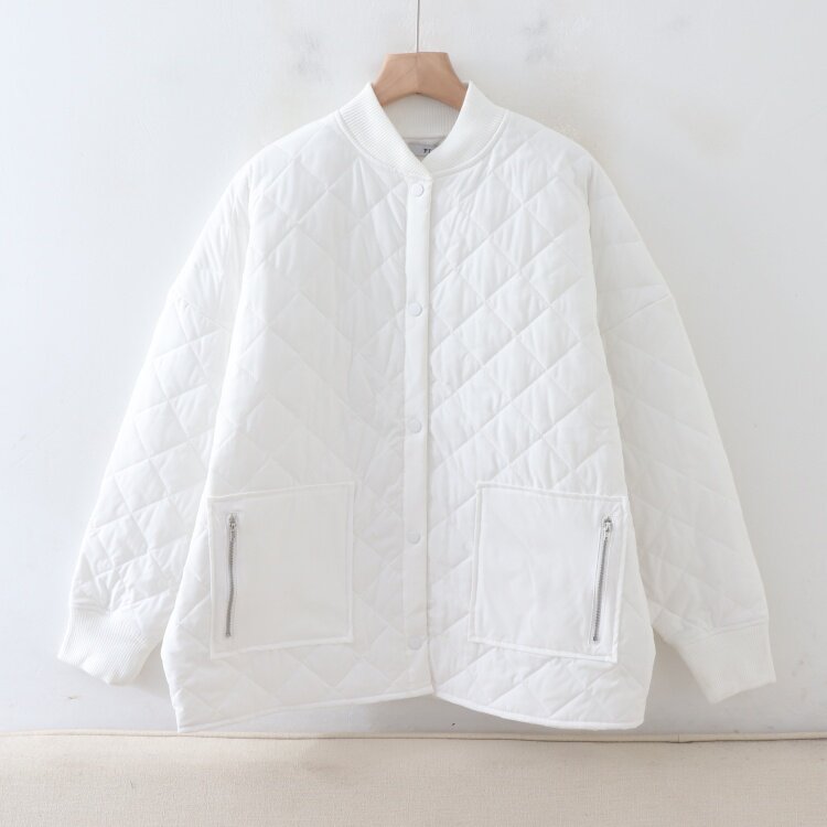 D01076日单秋冬新款客供料螺纹领按扣宽松保暖女通勤休闲中长棉服