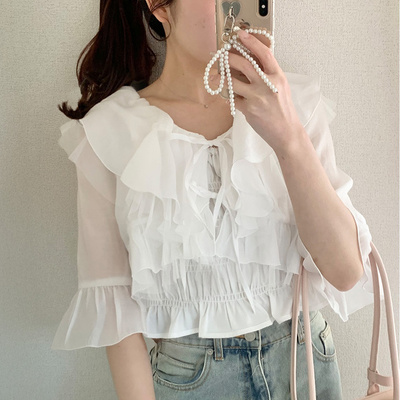A04093日单新款夏季松紧弹性背心+系带荷叶边上衣甜美两件套衬衫