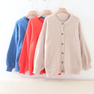 C08039日单甜美客供简洁圆领单排扣弹性好显瘦女灯笼袖针织外套