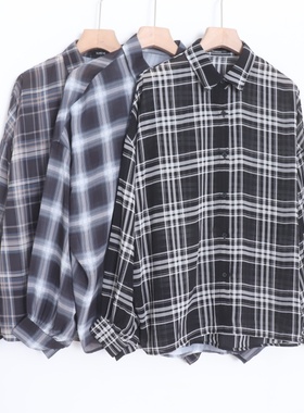D12090日单新款单排扣宽松好搭配女简洁通勤休闲轻薄格子长袖衬衫