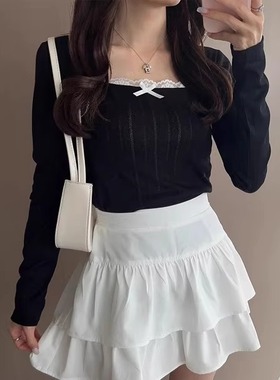 D06092日单GL甜美新款客供料方领有弹性修身女气质长袖针织T恤