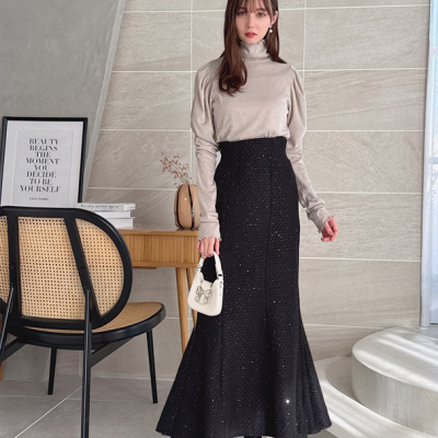 D07099日单秋冬GL松紧高腰鱼尾裙女甜美气质粗花呢亮片长款半身裙
