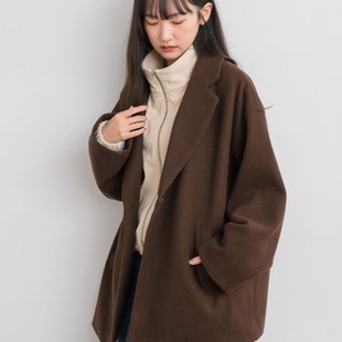 D09068日单秋冬新款 领单粒扣宽松女纯色通勤气质中长呢子外套 西装