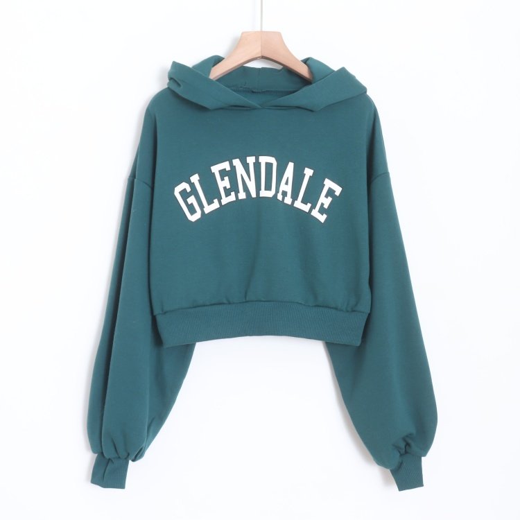 D07081日单新款连帽宽松通勤简洁休闲加绒女字母印花连帽短款卫衣